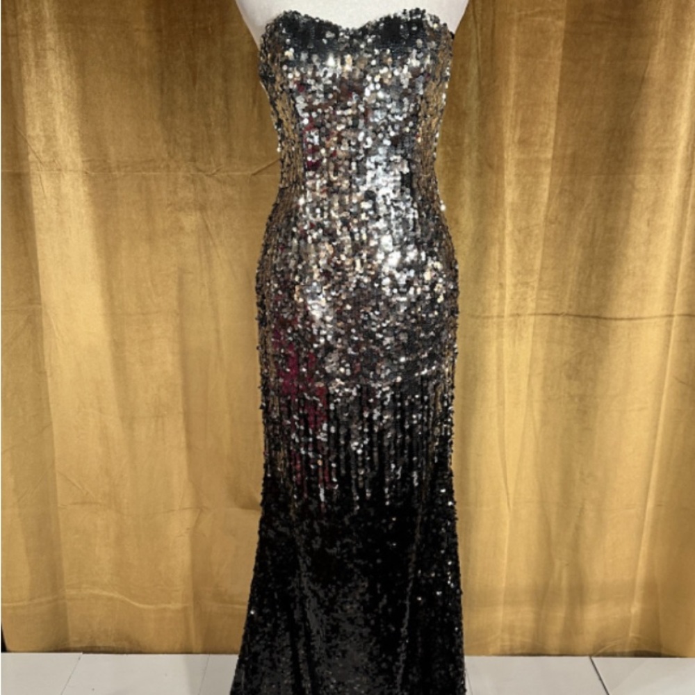 Night Moves Strapless Sequin Dress in Black and Silver